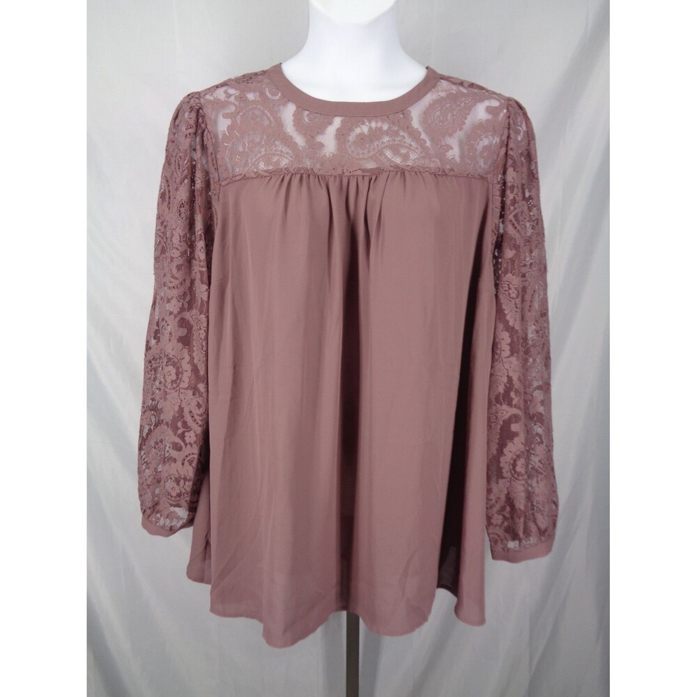 Torrid Georgette Lace Yoke Top Blouse Long Sleeve Rose Taupe Plus 4 (26) 4X New